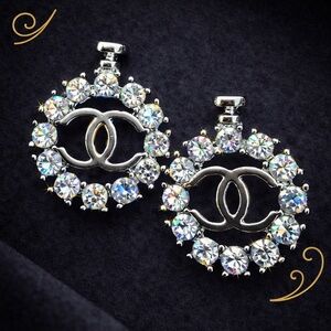 Gold Tone Rhinestone CC Inspired Stud Drop Earrings Elegant Designer Sparkle Ex